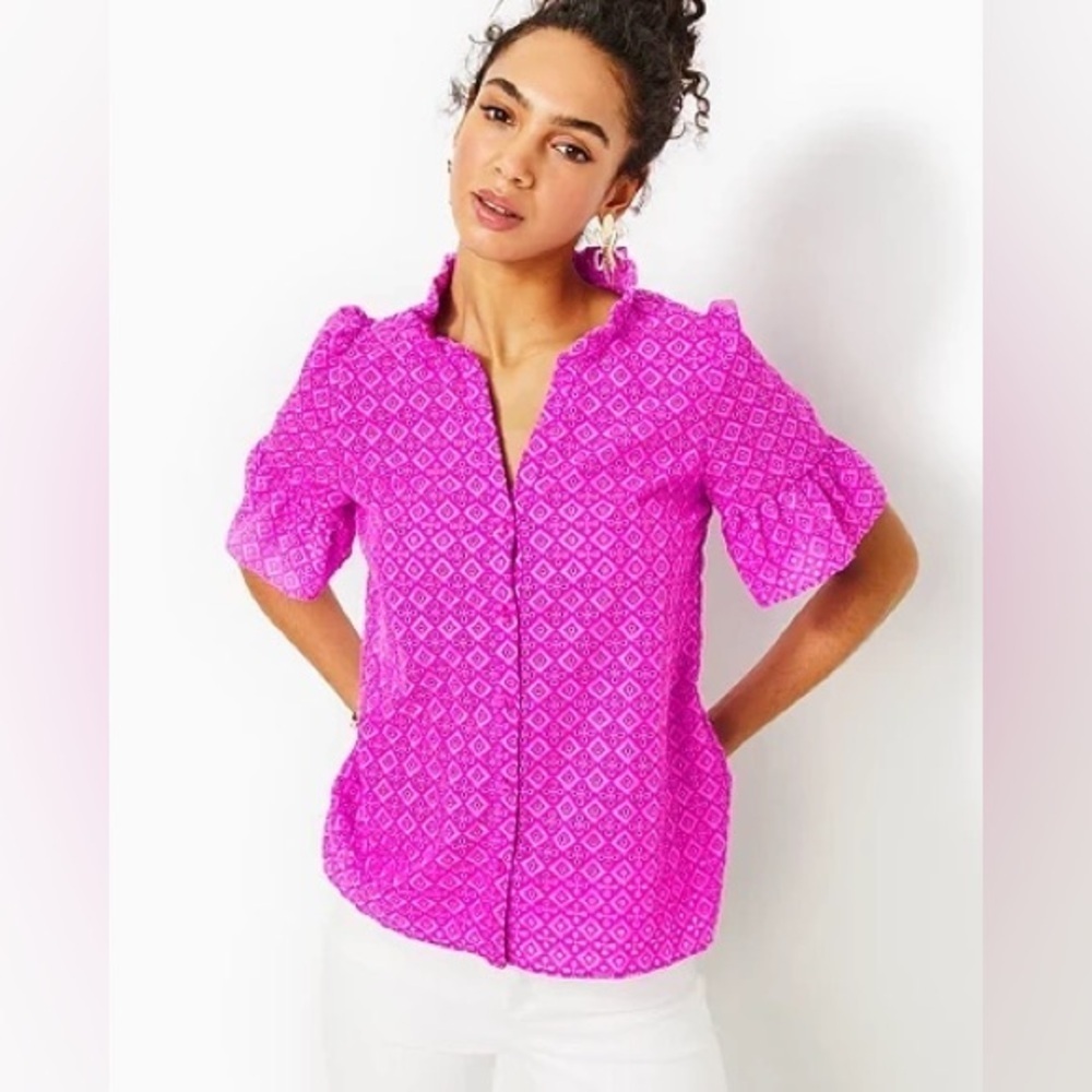 Lilly Pulitzer - Calynn Eyelet Wild Fuchsia Ditsy Diamond Poly Eyelet Top SZ 00